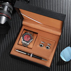 Steel Band Calendar Quartz Watch Stainless Steel Cufflinks Pen