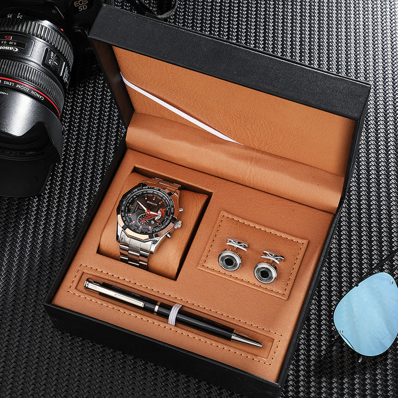 Steel Band Calendar Quartz Watch Stainless Steel Cufflinks Pen