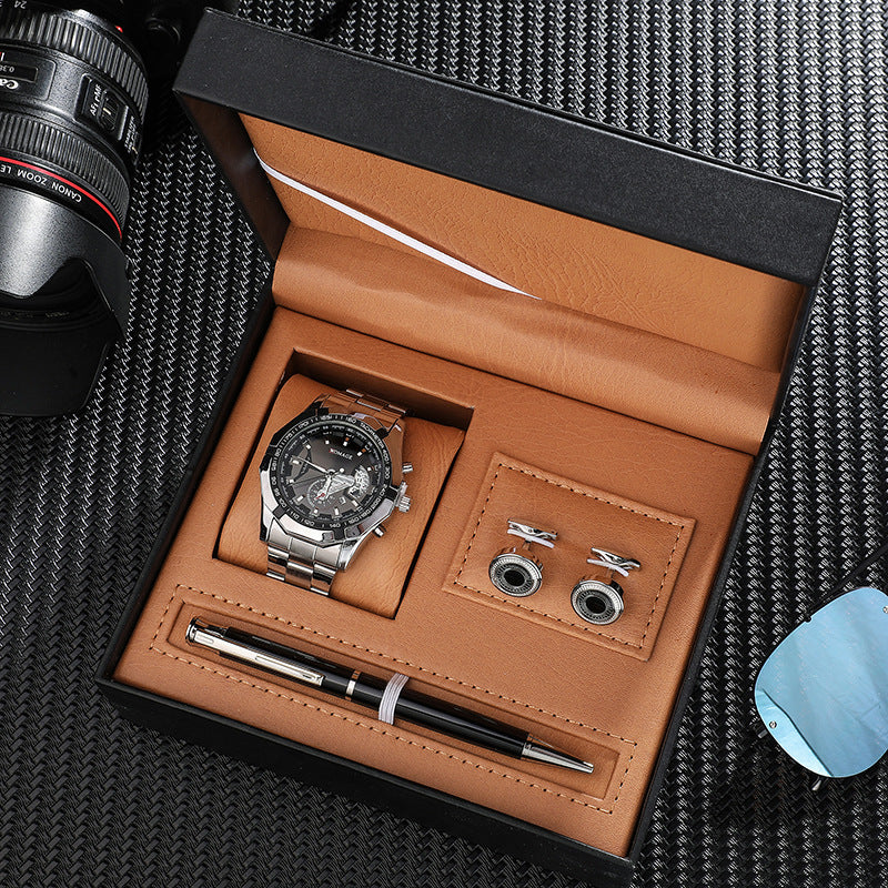 Steel Band Calendar Quartz Watch Stainless Steel Cufflinks Pen