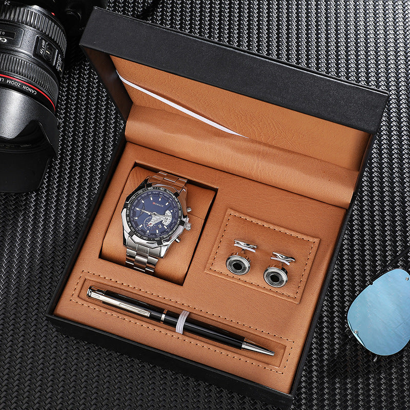 Steel Band Calendar Quartz Watch Stainless Steel Cufflinks Pen